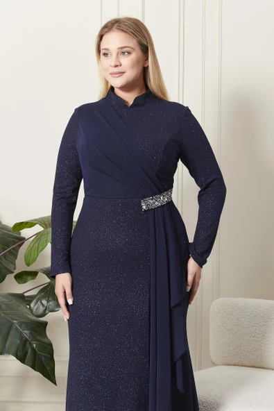 Ferace Kadın Büyük Beden Simli Taş Detaylı Abiye - 7