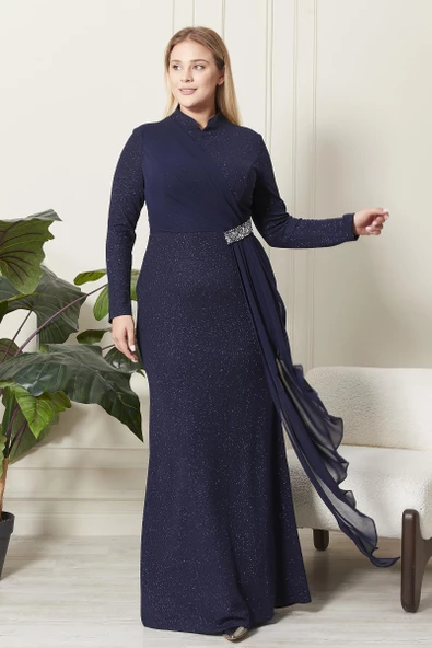 Ferace Kadın Büyük Beden Simli Taş Detaylı Abiye - 5