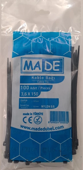 MADE KABLO BAĞI 3,6X150 mm SİYAH 100 LÜ