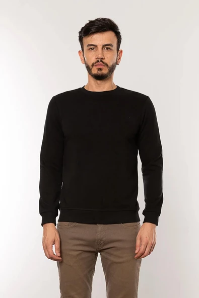 Cazador Caz 5610 Bisiklet Yaka 3 İplik Şardonsuz Erkek Siyah Basic Sweat