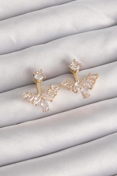 MuI MuI Pirinç Gold Renk Zirkon Taşlı V Model Küpe