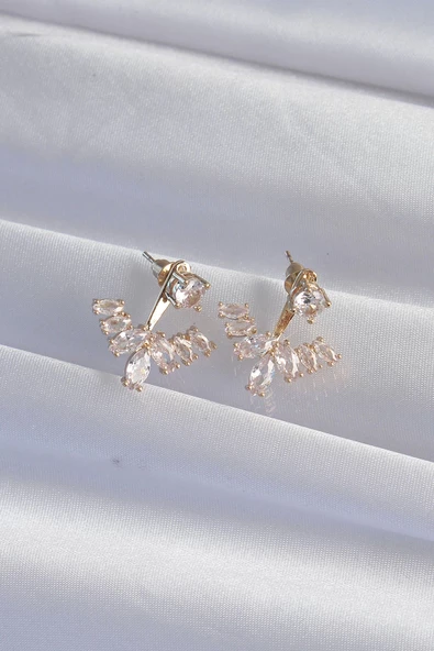 MuI MuI Pirinç Gold Renk Zirkon Taşlı V Model Küpe - 2