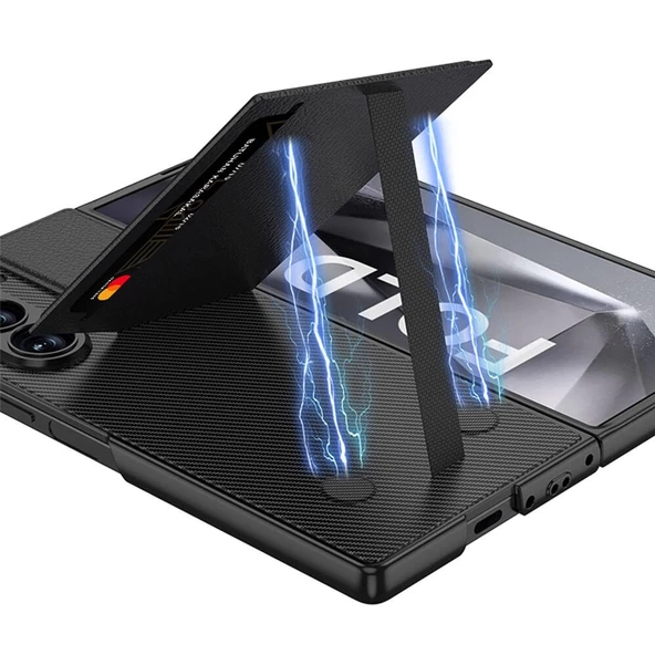 Galaxy Z Fold 6 Kılıf Karbon Fiber Kartlıklı Redclick Kıpta Dik Açılan Kartlıklı Kapak - Resim 4
