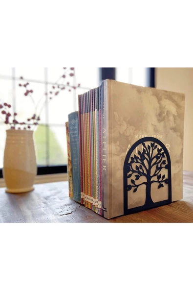Ağaç Desenli Kitap Desteği - Dekoratif Estetik Kitap Tutucu 4'lü Set Siyah - 4