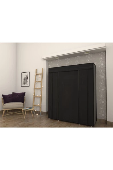 Burak Plastik Profilli Siyah Çift Yandan Raflı Bez Dolap Gardrop - 2