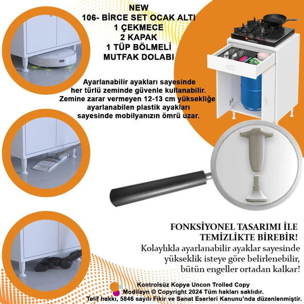 Modilayn BİRCE L-65 x 87 x 48 cm Set Üstü Ocak ve Tüp Bölmeli Çekmeceli Mutfak Dolabı - 6