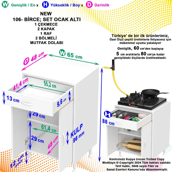 Modilayn BİRCE L-65 x 87 x 48 cm Set Üstü Ocak ve Çekmeceli Çok Amaçlı Mutfak & Banyo Dolabı - 5