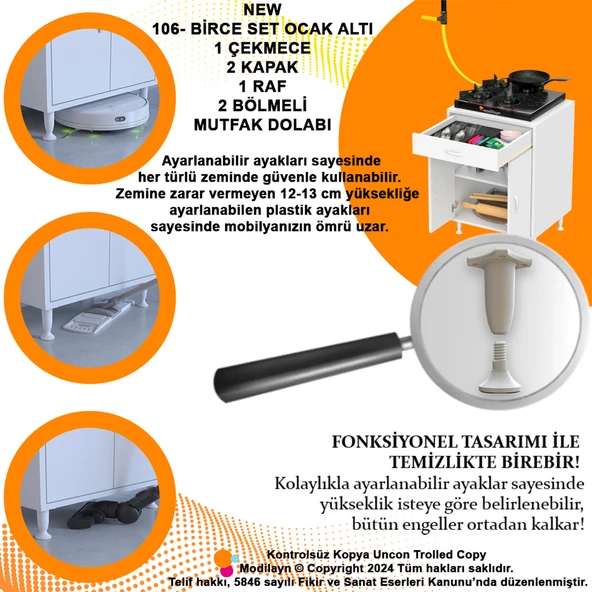 Modilayn BİRCE L-65 x 87 x 48 cm Set Üstü Ocak ve Çekmeceli Çok Amaçlı Mutfak & Banyo Dolabı - 6