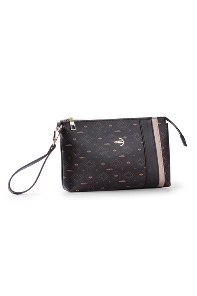 Kadın Basic Clutch Çanta Monogram Desenli Şeritli Kahverengi Taba (4006K) 214012 - 2