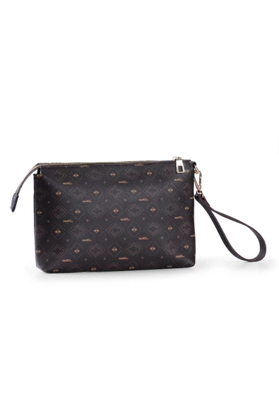 Kadın Basic Clutch Çanta Monogram Desenli Şeritli Kahverengi Taba (4006K) 214012 - 3