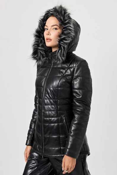 Candenza Siyah Tüylü Deri Mont - 5