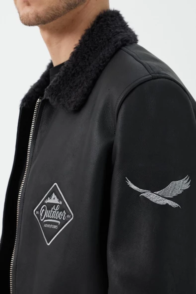 Bosco Siyah Deri Tüylü Mont - 7