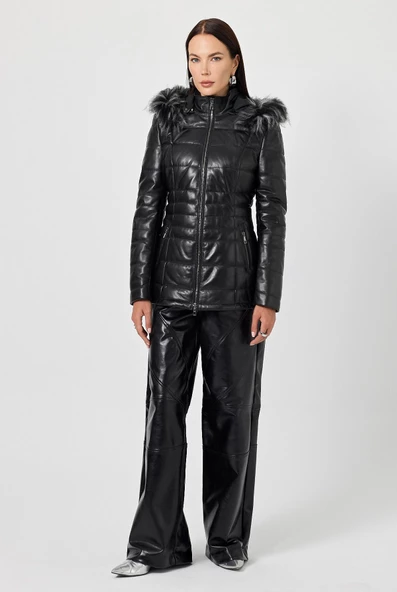 Candenza Siyah Tüylü Deri Mont - 3