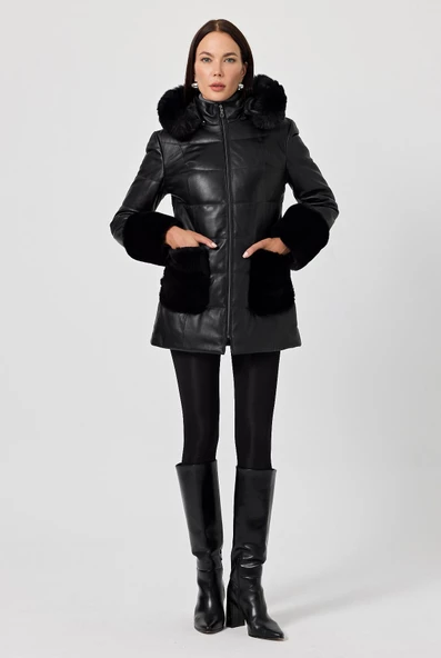 Natalina Siyah Deri Mont - 3