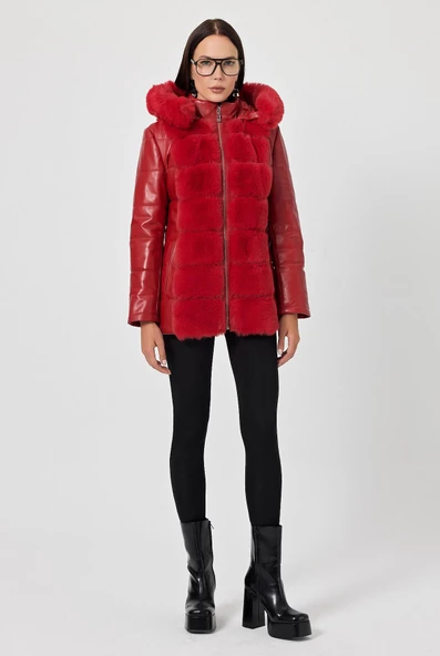 Maria Kırmızı Deri Mont - 3