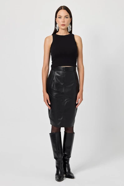 Corinna Siyah Deri Etek