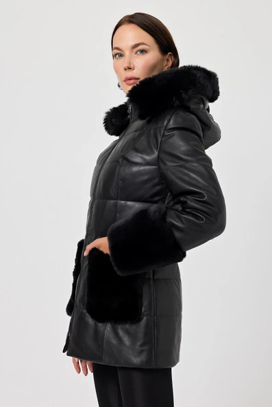 Natalina Siyah Deri Mont - 6