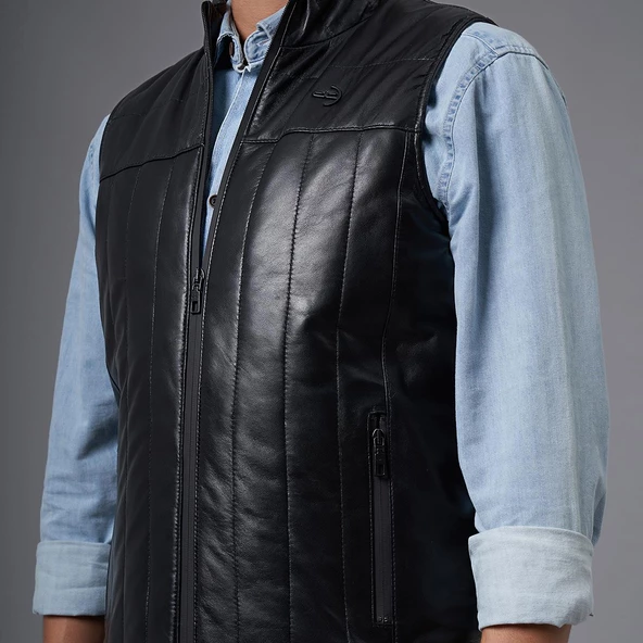 Guido Siyah Deri Yelek - 4