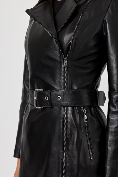 Rosana Siyah Deri Mont - 6