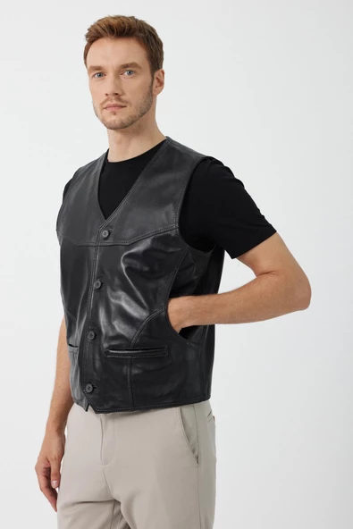 Alcide Siyah Deri Yelek - Resim 3