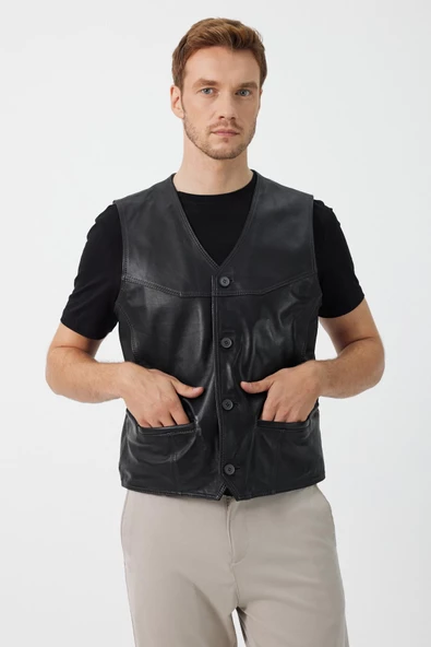 Alcide Siyah Deri Yelek - Resim 7