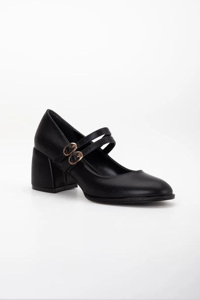 Büyük Numara İnce Bantlı İnce Platform Tabanlı Cilt Siyah Kadın Kalın Topuklu Günlük Ayakkabı - Resim 4