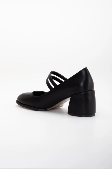 Büyük Numara İnce Bantlı İnce Platform Tabanlı Cilt Siyah Kadın Kalın Topuklu Günlük Ayakkabı - Resim 5