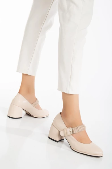 Büyük Numara Elastik Bantlı İnce Platform Tabanlı Cilt Bej Kadın Kalın Topuklu Günlük Ayakkabı - Resim 2