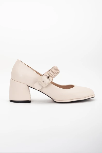 Büyük Numara Elastik Bantlı İnce Platform Tabanlı Cilt Bej Kadın Kalın Topuklu Günlük Ayakkabı - Resim 3