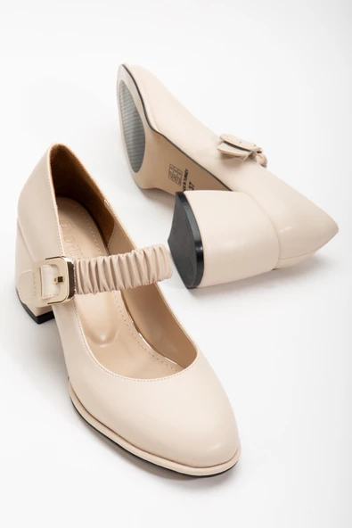 Büyük Numara Elastik Bantlı İnce Platform Tabanlı Cilt Bej Kadın Kalın Topuklu Günlük Ayakkabı ürün görseli