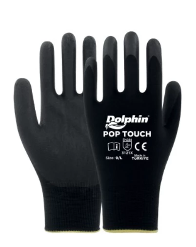 Dolphin Pop Touch Siyah Polyester Poliüretan Montaj İş Eldiveni (12 Adet) - Resim 2