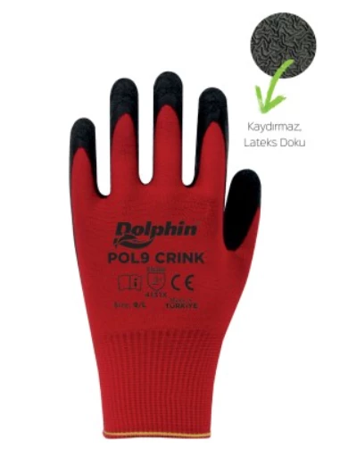 Dolphin POL9 Crink Kırmızı/Siyah Polyester Lateks Montaj İş Eldiveni (12 Adet) ürün görseli 1