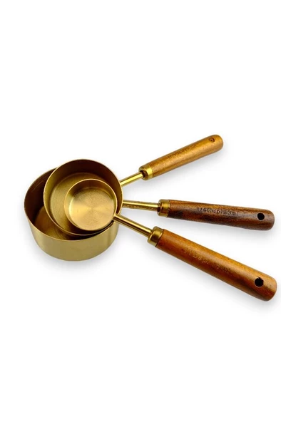 Digithome 3’lü Ahşap Saplı Çelik Ölçü Kaşığı Seti Kahve Çay Ölçü Kabı 125 Ml 60 Ml ve 15 Ml Gold C1-1-289 - 4