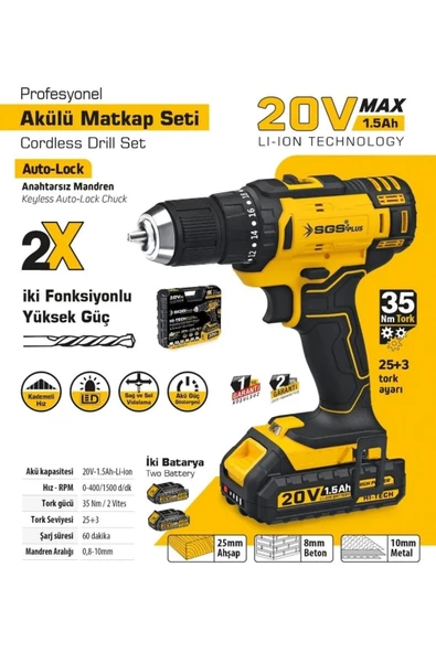 SGS Plus 5249 Akülü Darbesiz Matkap Seti 20V - 2