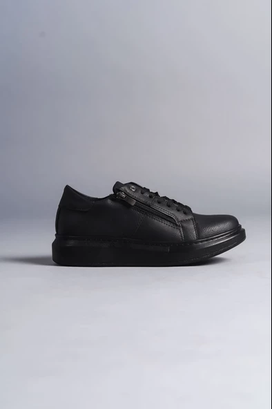 Warrior Bağcıklı ve Fermuarlı Cilt Erkek Günlük Sneaker Ayakkabı ST Siyah - 4