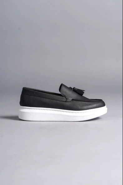 Blaze Bağcıksız Püsküllü Cilt Erkek Günlük Spor Klasik Ayakkabı BT Siyah - 4