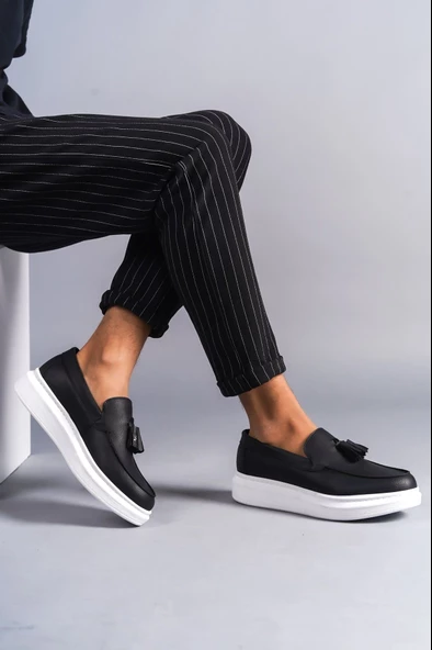 Blaze Bağcıksız Püsküllü Cilt Erkek Günlük Spor Klasik Ayakkabı BT Siyah - 3