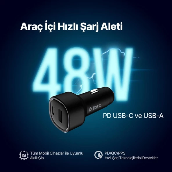 Ttec Süper Hızlı 48W 1xUSB ve 1x Type-C Araç Şarj Cihazı, 12/24V Çakmaklık Girişli Akım Korumalı - 2