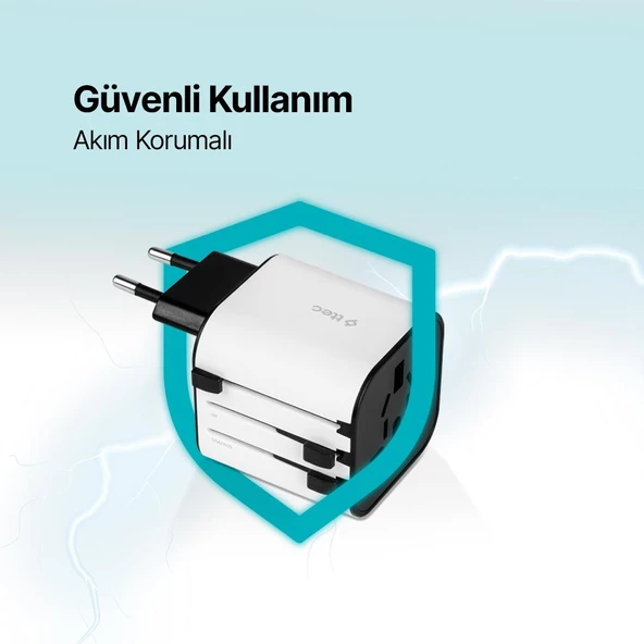 Ttec 3in1 Akım ve Isı Korumalı10A/250V Amerikan/Avrupa/İngiliz Tipi Priz Çevirici Seyahat Şarj Aleti - 5