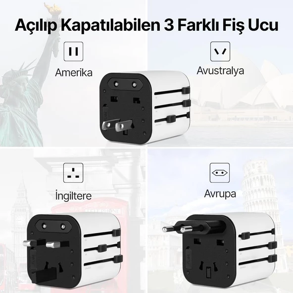 Ttec 3in1 Akım ve Isı Korumalı10A/250V Amerikan/Avrupa/İngiliz Tipi Priz Çevirici Seyahat Şarj Aleti - 3