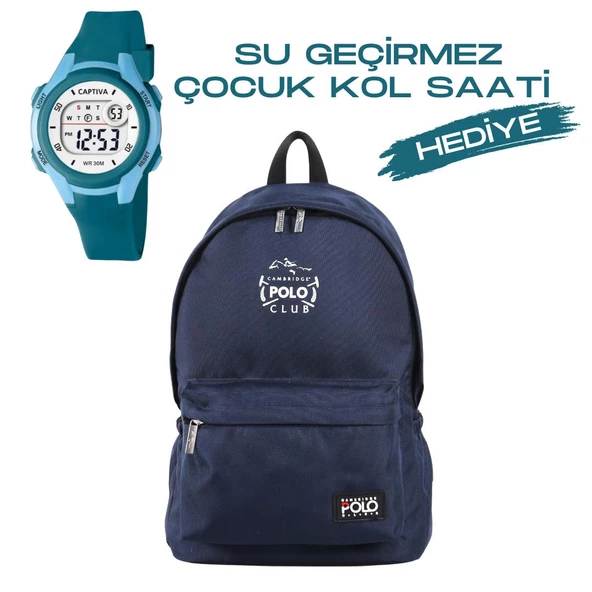 Çocuk Kol Saati Hediyeli Cambridge Polo Club Büyük Kapasiteli Çocuk Okul Çantası CPC.3022.C011