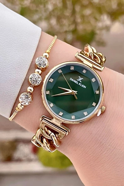 Daniel Klein DKISTE1340 Kadranı Yeşil Kordonu Gold Renk Hediye Paketli Kadın Kol Saati ve Bileklik - 2