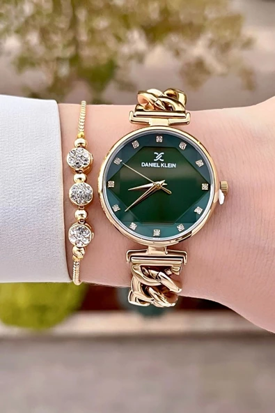 Daniel Klein DKISTE1340 Kadranı Yeşil Kordonu Gold Renk Hediye Paketli Kadın Kol Saati ve Bileklik - 3