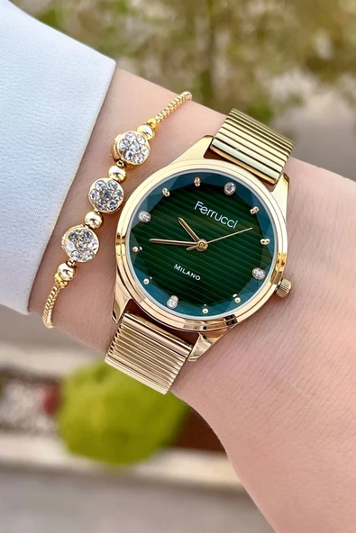 Ferrucci FCISTE302 Kadranı Yeşil Kordonu Gold Renk Hediye Paketli Kadın Kol Saati ve Bileklik - 2
