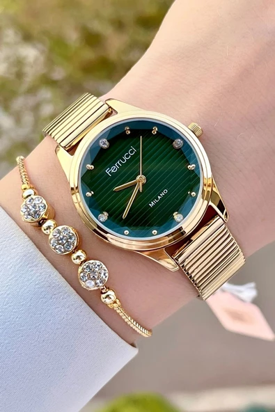 Ferrucci FCISTE302 Kadranı Yeşil Kordonu Gold Renk Hediye Paketli Kadın Kol Saati ve Bileklik - 4