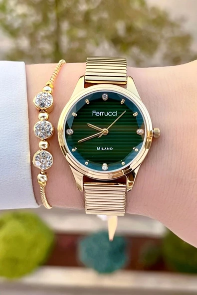 Ferrucci FCISTE302 Kadranı Yeşil Kordonu Gold Renk Hediye Paketli Kadın Kol Saati ve Bileklik - 3