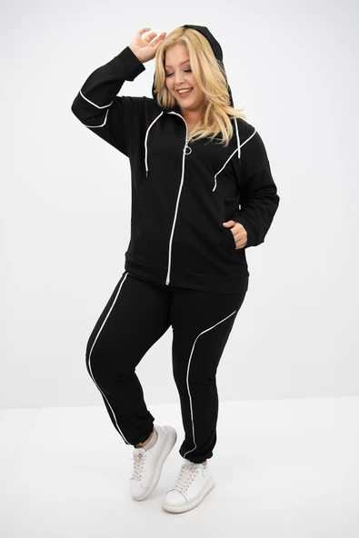 Kadın Büyük Beden Kapüşonlu Fermuar Detaylı Eşofman Takımı 8130-25 - 5