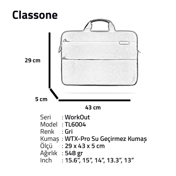 CLASSONE WORKOUT TL6004 15.6'' GRİ NOTEBOOK ÇANTASI - 8