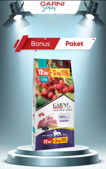 Carni Life Düşük Tahıllı Kuzu Etli Boğurtlenli Orta Büyük Irk Köpek Maması 12 + 3 KG