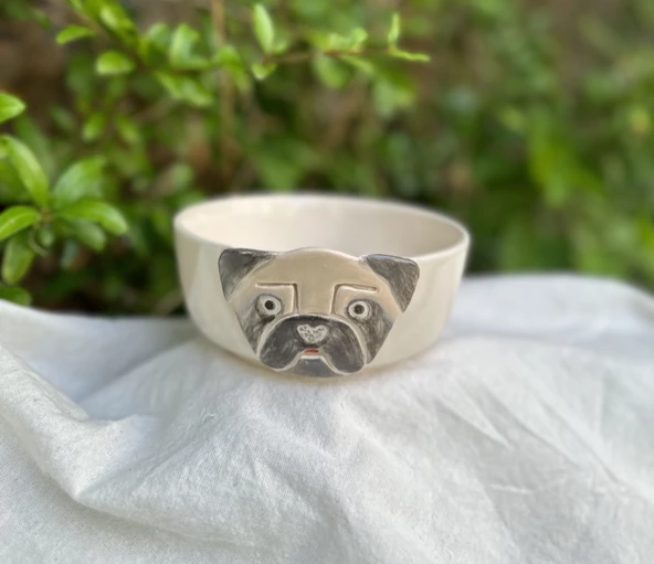 AYA Home Store Pug Desenli Özel Irk Seramik Mama Su Kabı